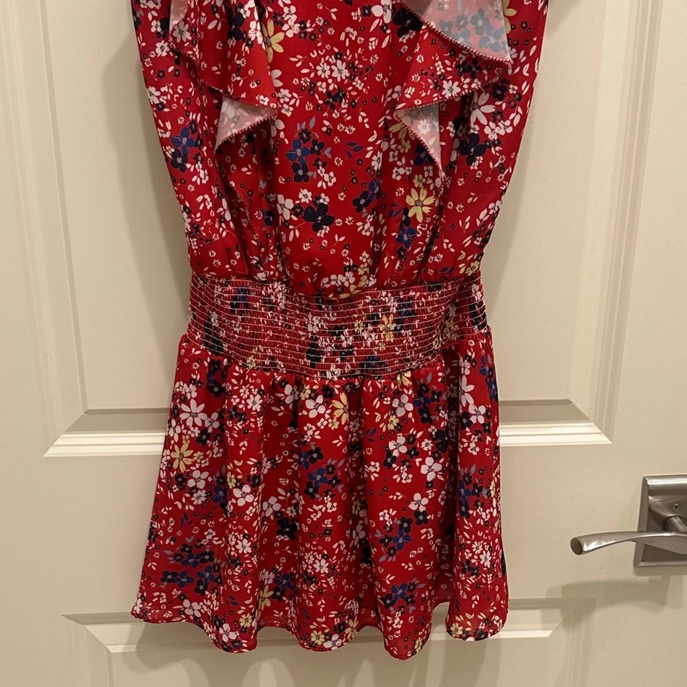 Parker Red Floral Blue Yellow White Print V-Neck Ruffle Elastic Mini Dress XS - Picture 7 of 7